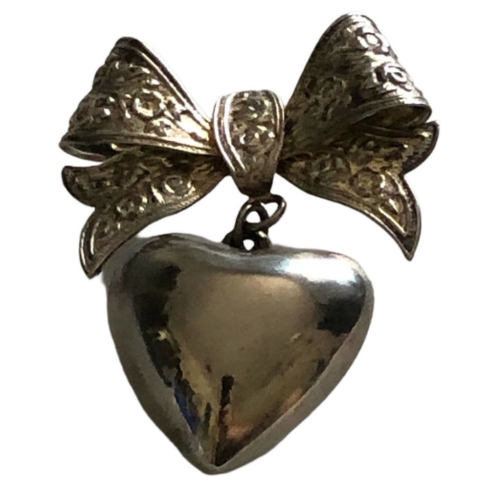 Filigree Silver Plate Heart Pin Brooch Vintage Puffy Bow Jewelry